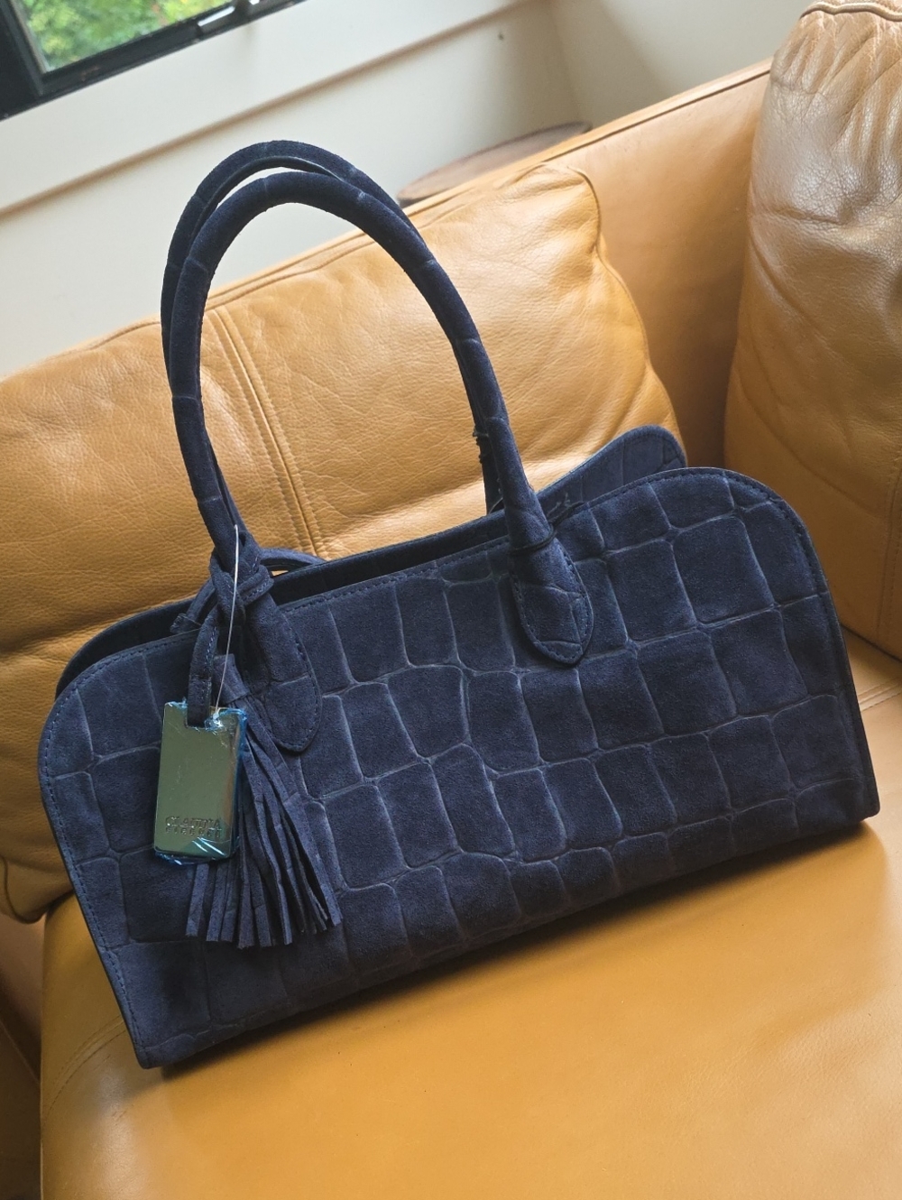 Navy Suede Quilted Dome Shoulder Bag - Unbranded